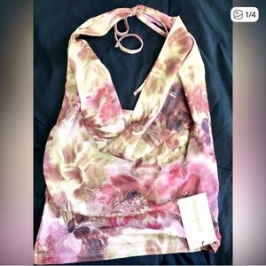 Woman’s Multicolor Floral Draped Halter Top with Soft Muted Colors, Cropped